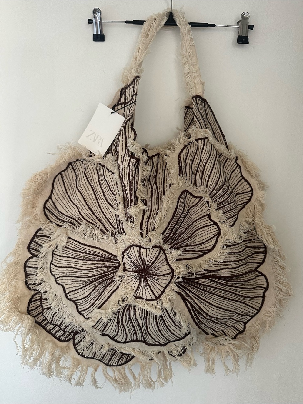 Zara NWT Embroidered Flower Fringe Canvas Tote Bag XL Linen Boho Summer - Picture 9 of 9